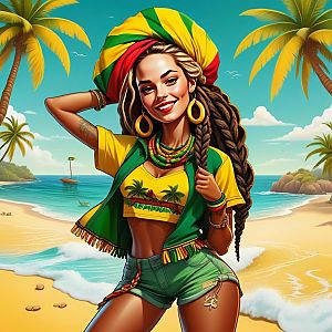Smiling Woman in Caribbean Attire on Tropical Beach