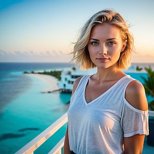 Blonde Woman on Balcony at Tropical Sunset