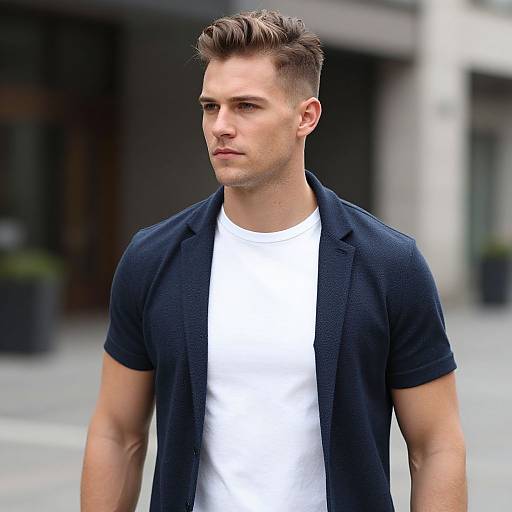 Stylish Young Man in White T-shirt and Navy Short Sleeve Blazer Outdoor