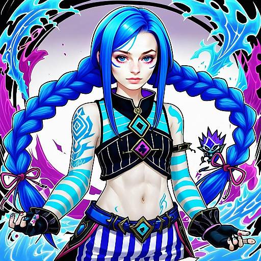 Arcane Jinx Anime Character with Blue Braided Hair and Tribal Tattoos