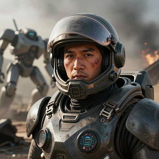 Futuristic Soldier in Armor with Robot Mech on Battle Scene