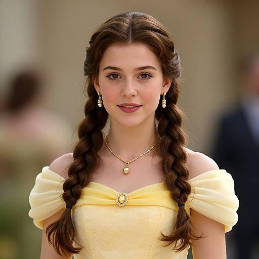 Portrait of Young Woman in Yellow Off-Shoulder Dress with Braided Hair