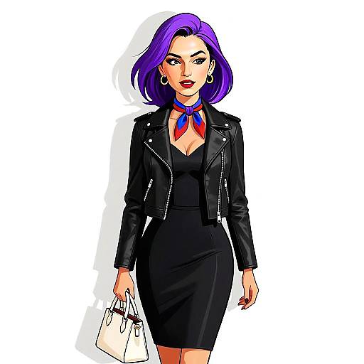 Illustrated Woman with Purple Hair in Black Leather Jacket and Chic Outfit