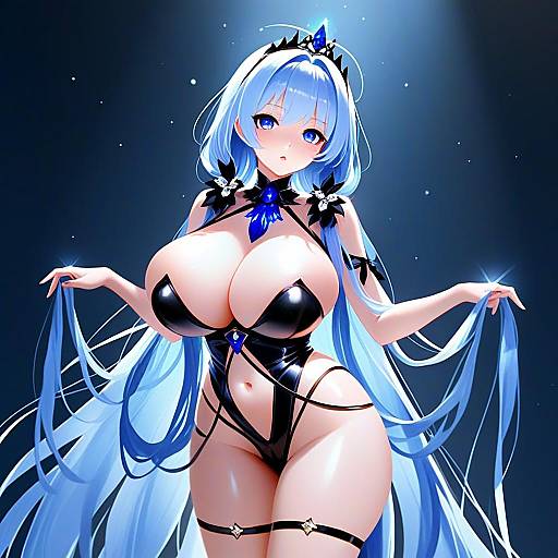 Anime Illustration of Blue-Haired Woman in Fantasy Black and Blue Outfit Inspired by Azur Lane