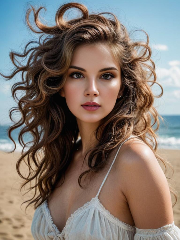 Woman in airy dress on sandy beach