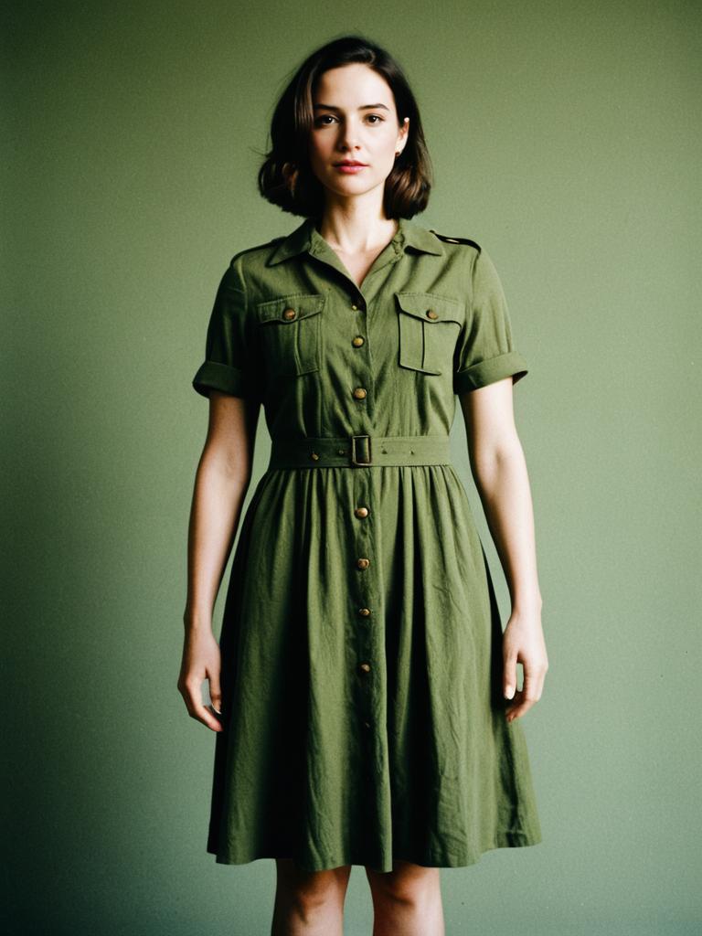 Woman in Olive Green Army Style Shirt Dress