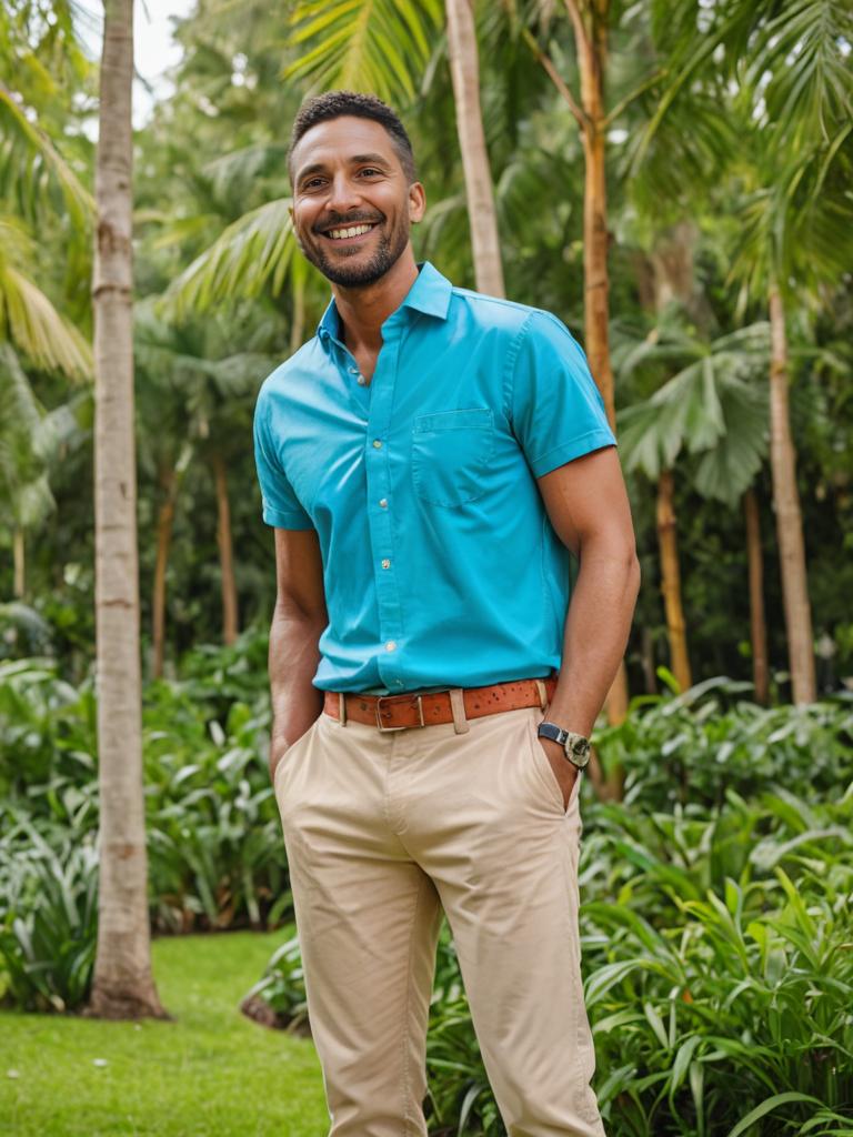 Optimistic Man in Lush Garden