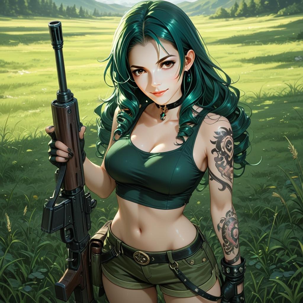Anime Style Confident Woman with Teal Hair Holding Rifle in Green Field Digital Art