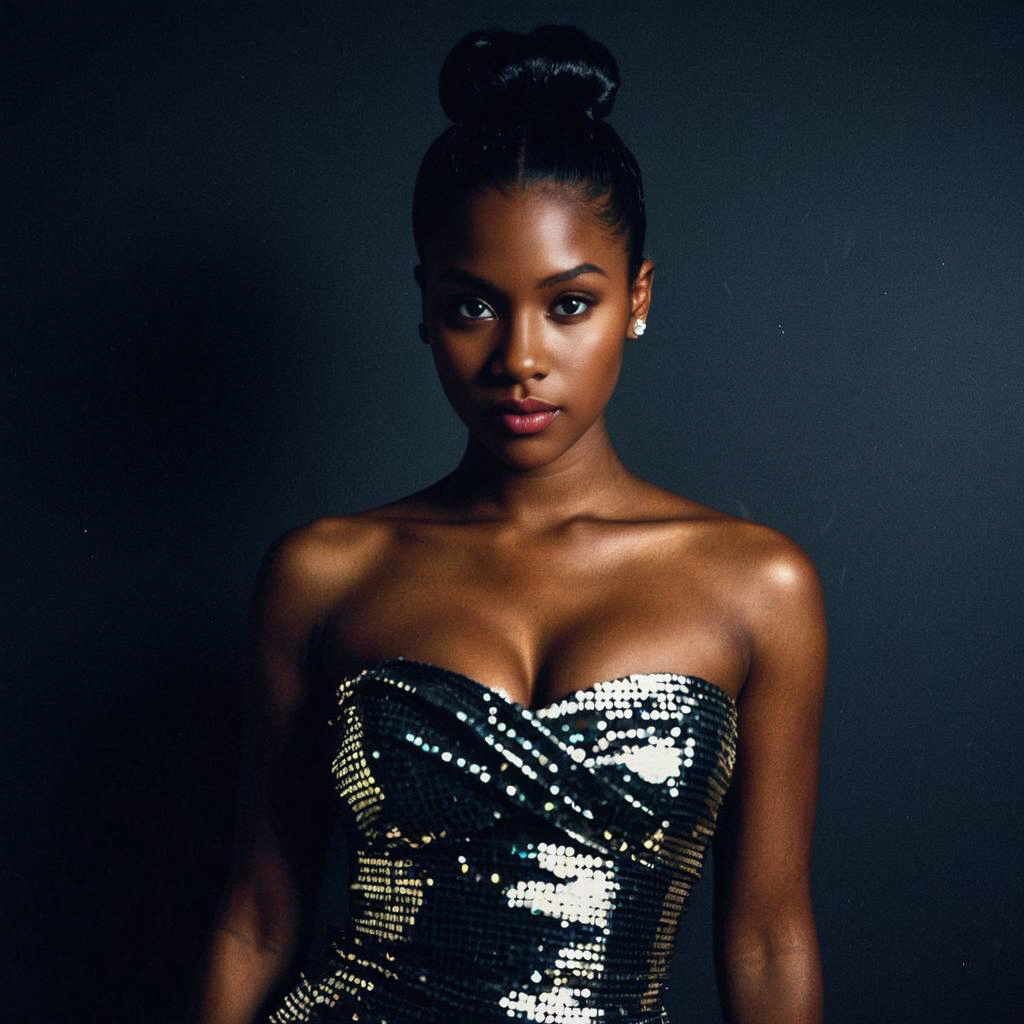 Confident Dark-Skinned Woman in Sequined Dress