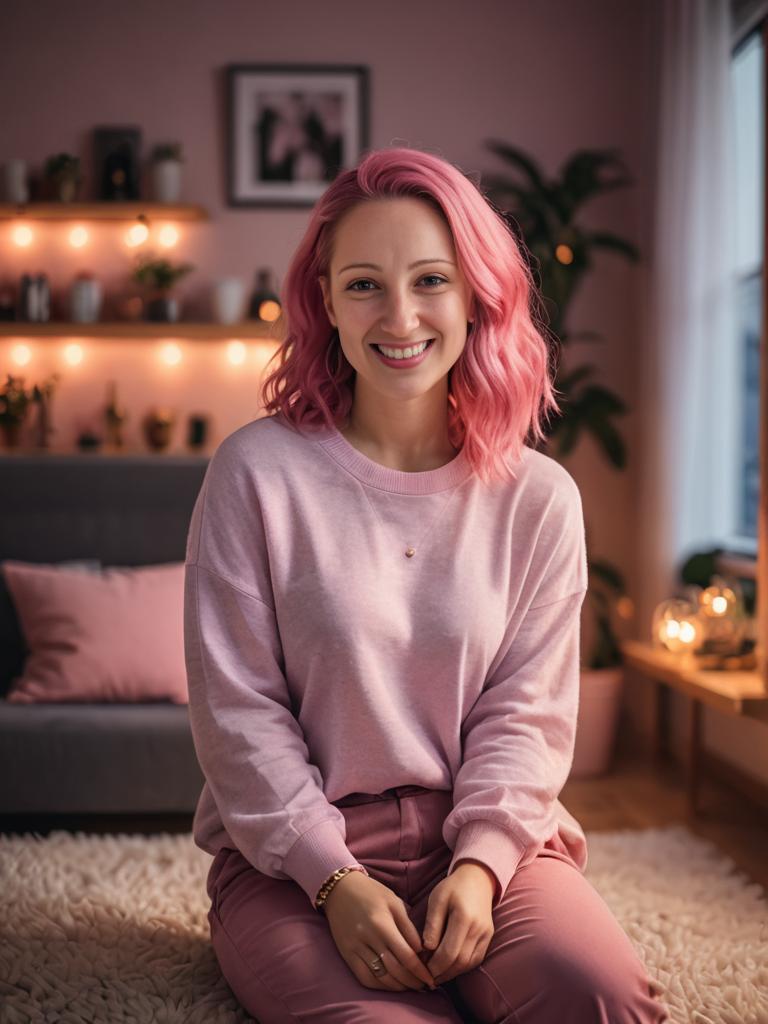 Woman with Pink Hair in Cozy Room