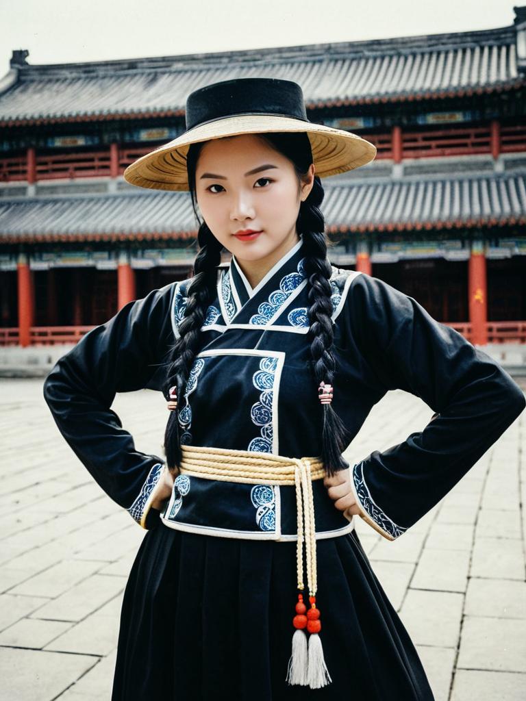 Young Woman in Traditional Chinese Dance Costume with Braided Hair and Wide-Brimmed Hat