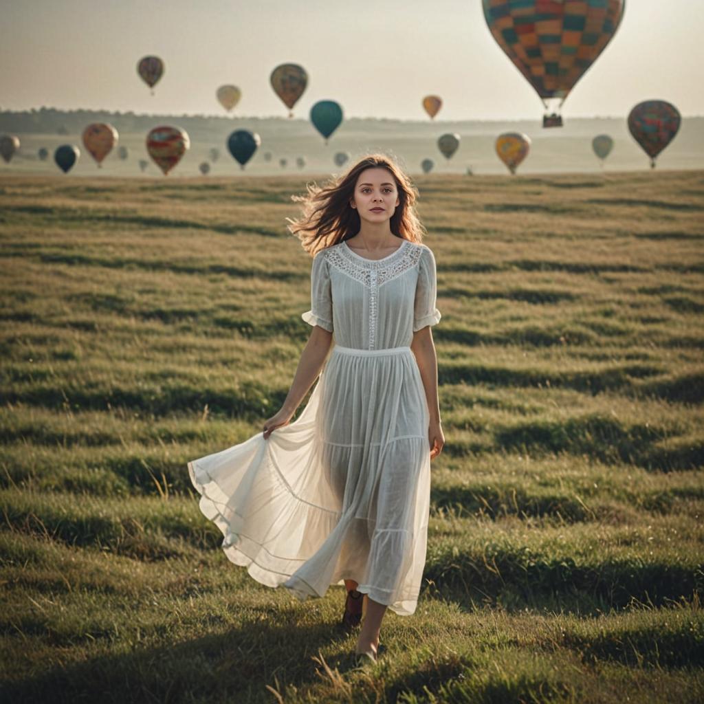 Woman in White Dress with Colorful Hot Air Balloons