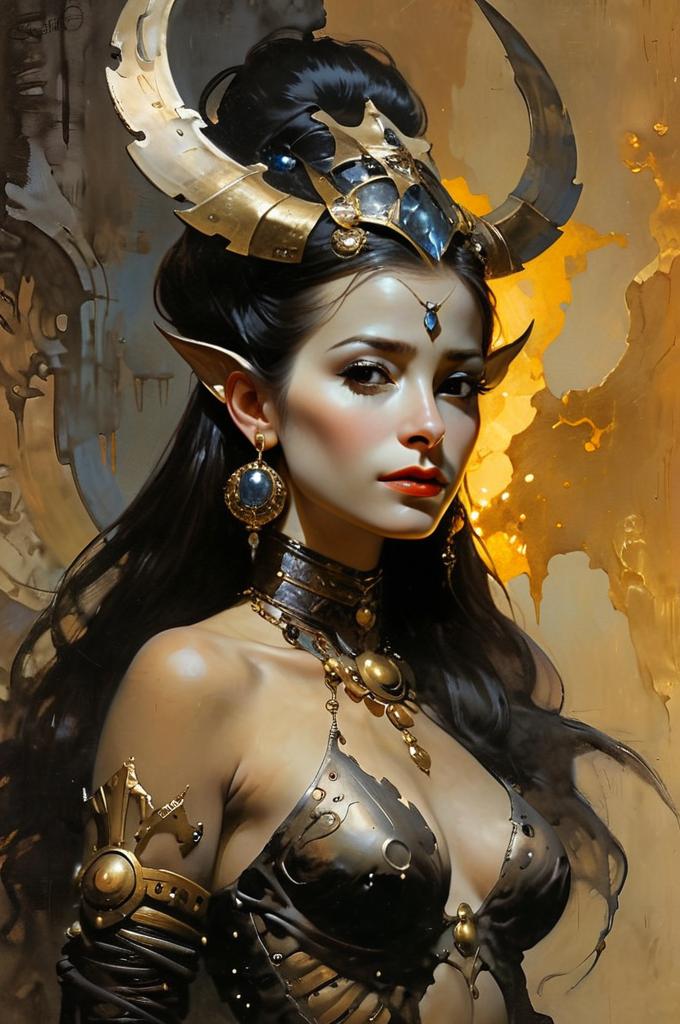 Fantasy Portrait of Woman in Ornate Golden Armor with Horned Headpiece