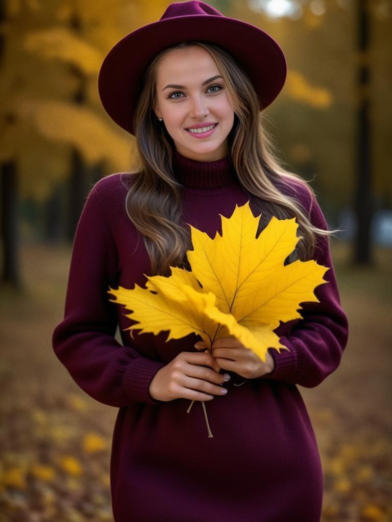 Cheerful Woman in Maroon Sweater with Autumn Leaves