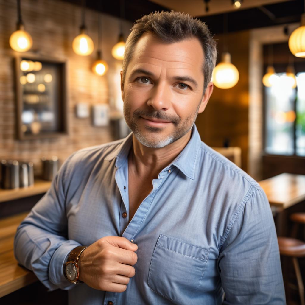 Confident man in café with warm ambiance