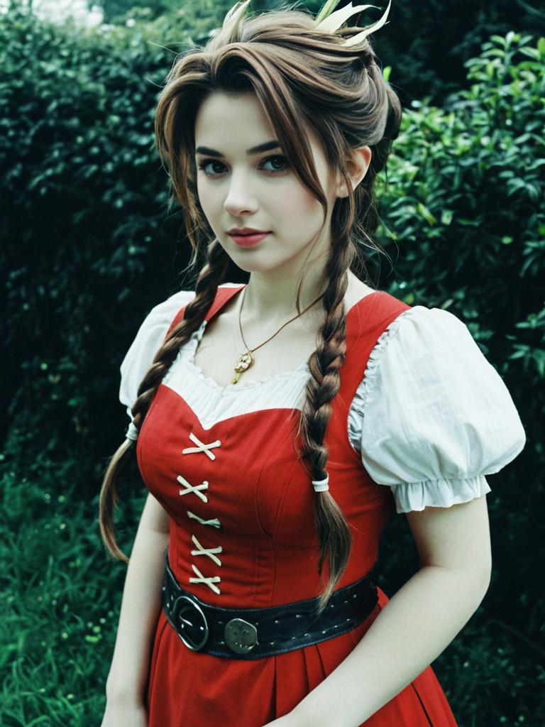 Woman Cosplaying Aerith Gainsborough in Red Dress with Braided Hair