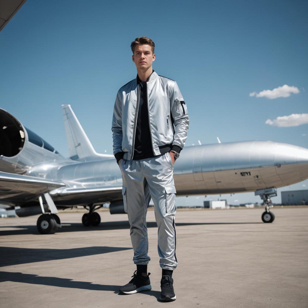 Confident Man in Front of Luxury Private Jet