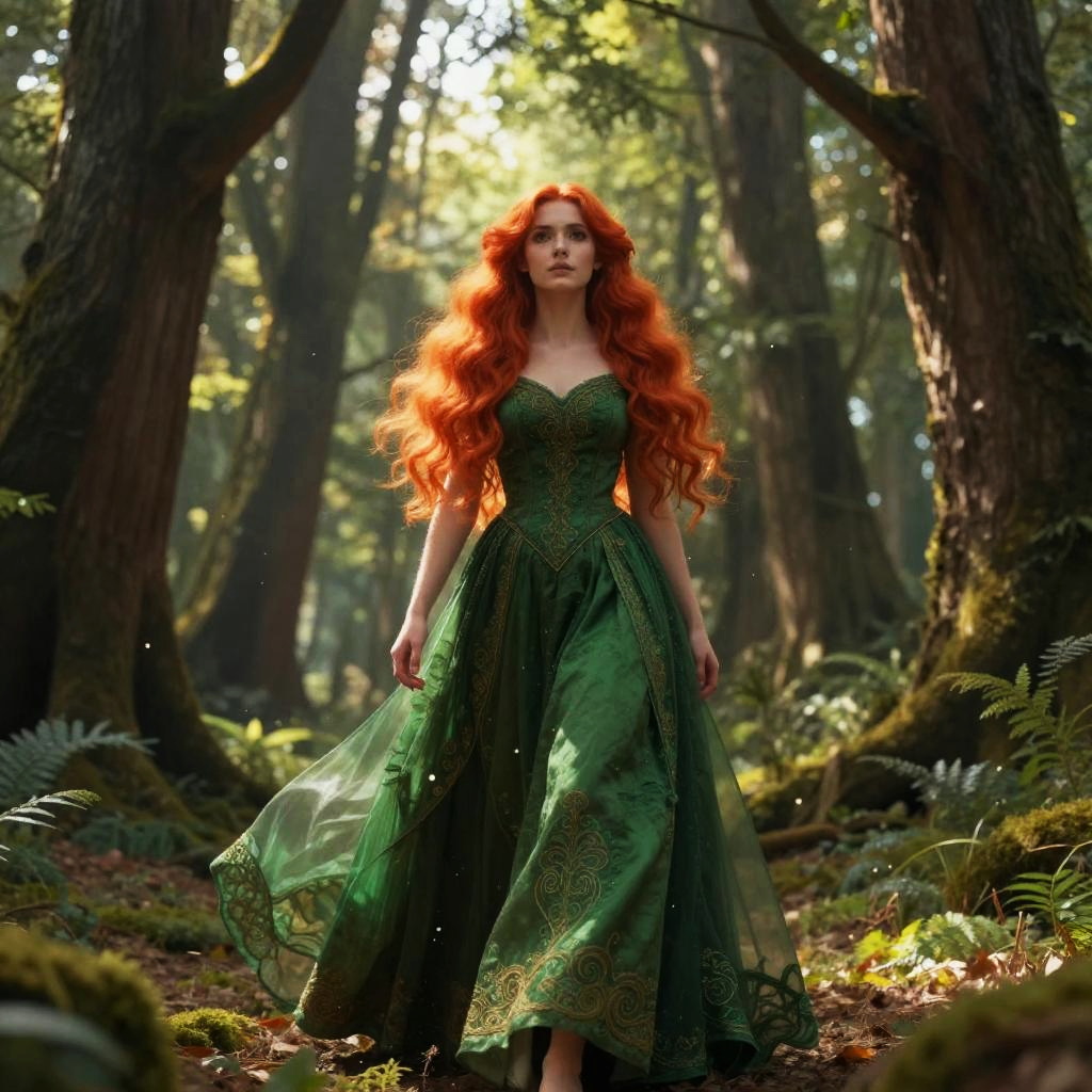 Red-Haired Woman in Elegant Green Gown Walking Through Enchanted Forest
