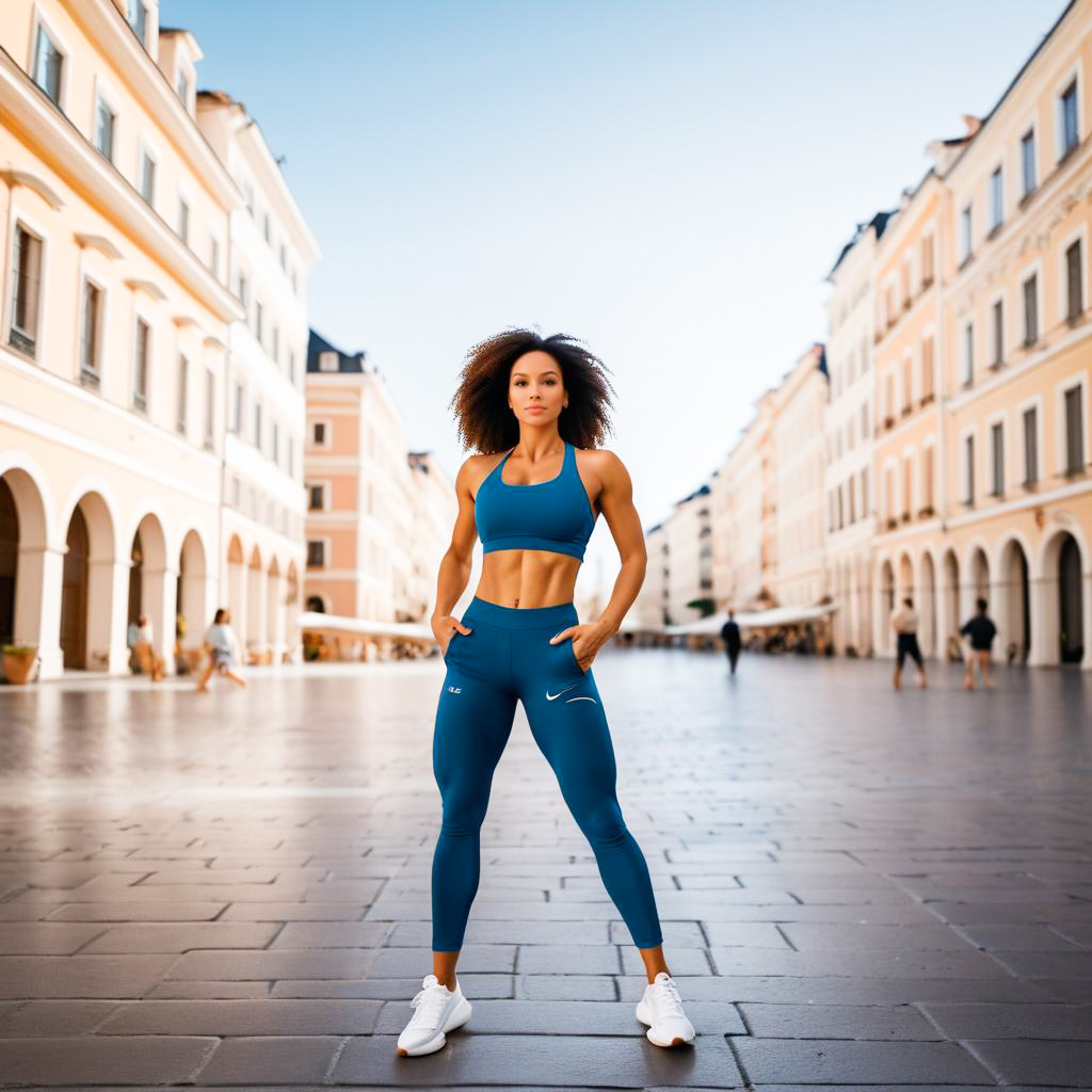 Fit Woman in Blue Athletic Outfit Against Urban Backdrop