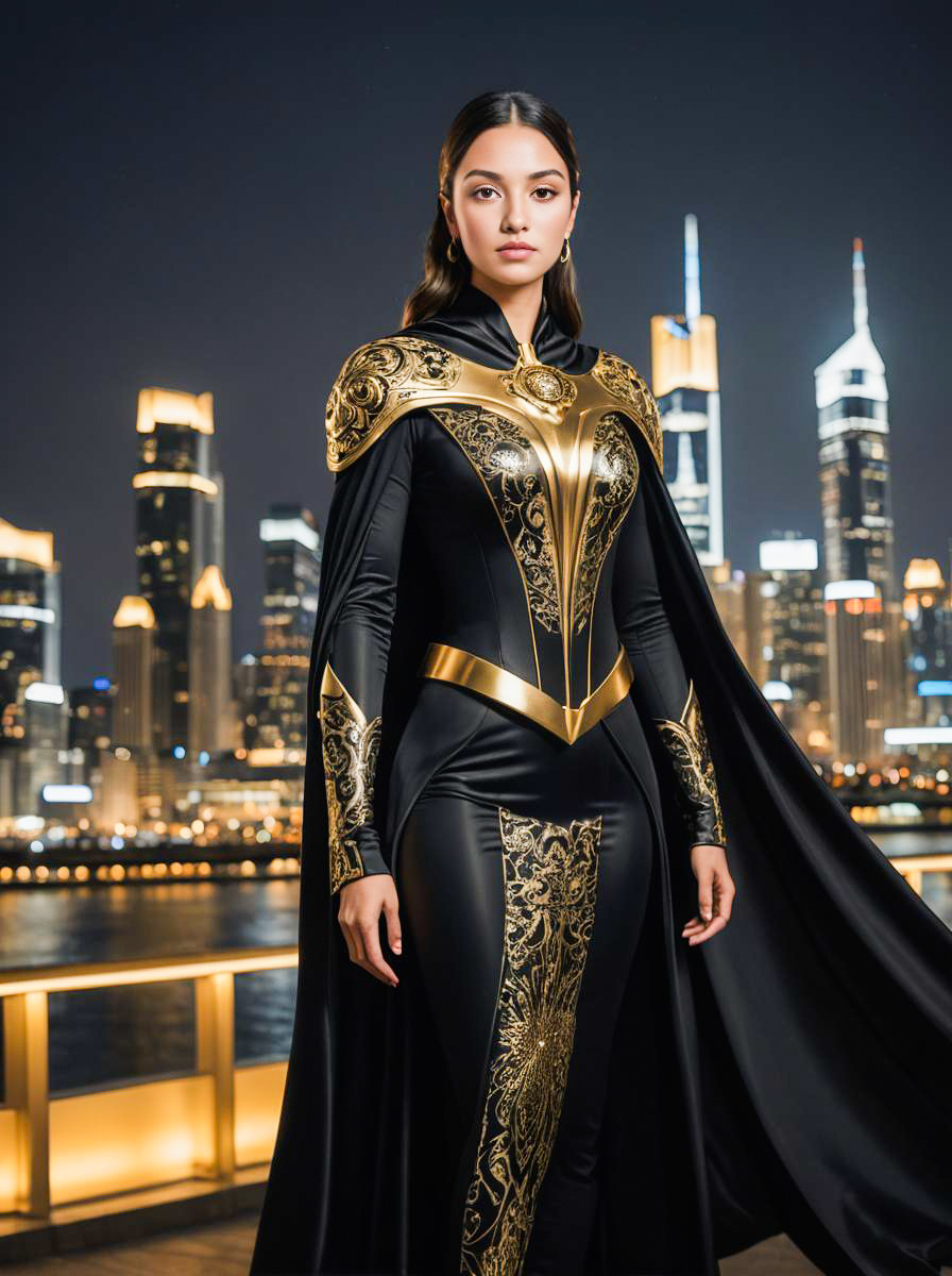 Woman in Black and Gold Costume Against City Skyline