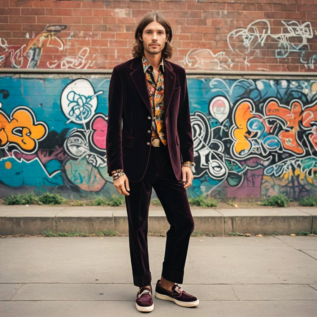 Stylish Man in Velvet Suit Against Graffiti Wall