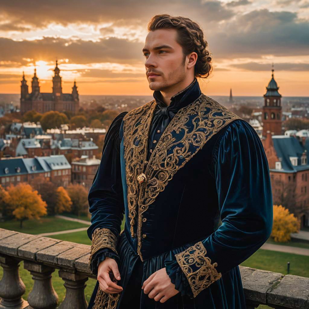 Man in Embroidered Velvet Costume Overlooking Historic City at Sunset