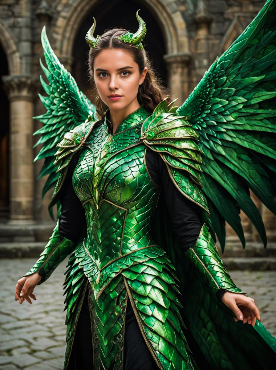 Woman in Green Dragon Costume with Wings