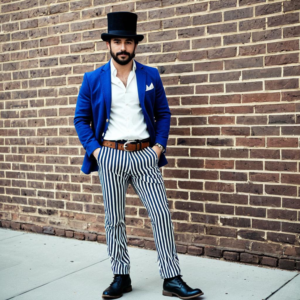 Man in America-themed costume against brick wall