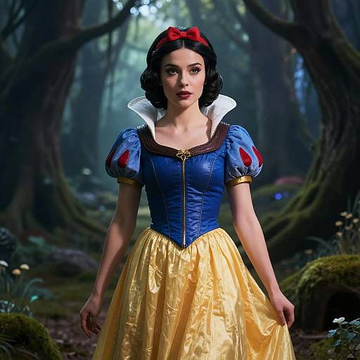 Woman in Snow White Costume in Mystical Forest Setting