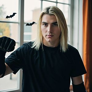 Young Man in Black Shirt with Halloween Decor