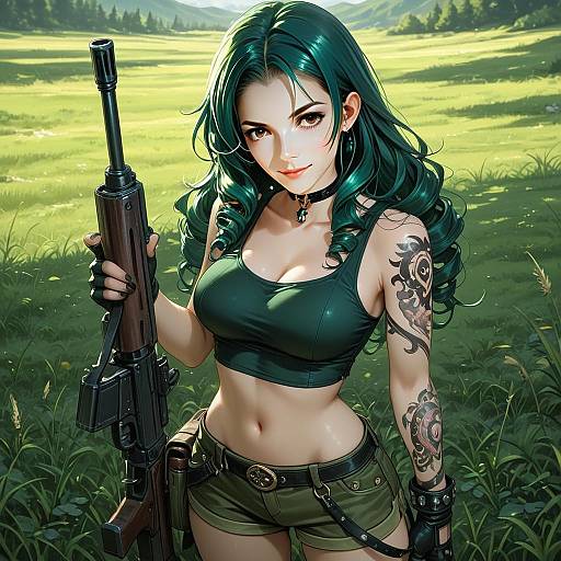 Anime Style Confident Woman with Teal Hair Holding Rifle in Green Field Digital Art