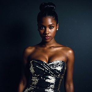 Confident Dark-Skinned Woman in Sequined Dress