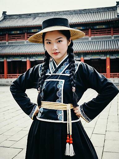 Young Woman in Traditional Chinese Dance Costume with Braided Hair and Wide-Brimmed Hat