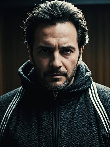 Cinematic Realism Portrait of Man in Jersey Costume with Intense Gaze