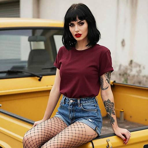 Stylish Woman in Burgundy T-Shirt and Denim Shorts Sitting on Yellow Pickup Truck
