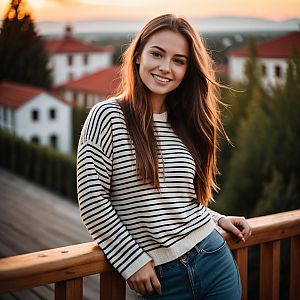 Young Woman in Striped Sweater Smiling Outdoors on Wooden Deck