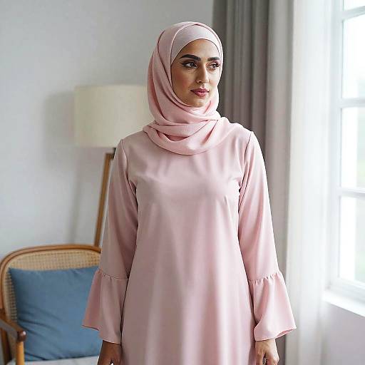 Woman in Soft Pink Hijab and Dress in Cozy Minimalist Room