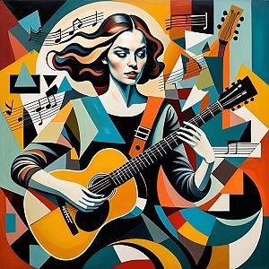 Vibrant Cubist Woman with Guitar