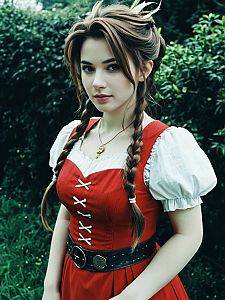 Woman Cosplaying Aerith Gainsborough in Red Dress with Braided Hair