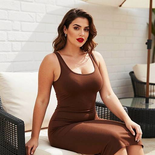 Confident Woman in Brown Sleeveless Dress Sitting Outdoors