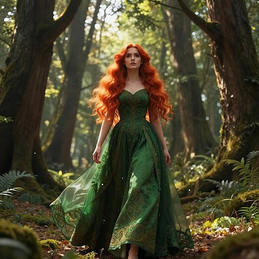 Red-Haired Woman in Elegant Green Gown Walking Through Enchanted Forest