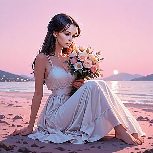 Young Woman in White Dress at Sunset on Beach