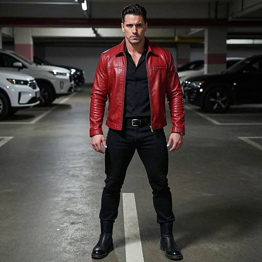 Man in Red Leather Jacket Standing in Underground Parking Garage