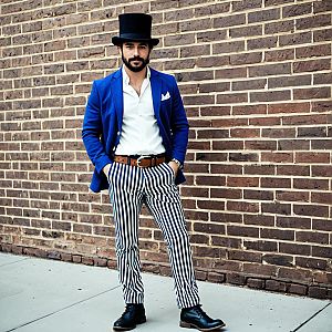 Man in America-themed costume against brick wall