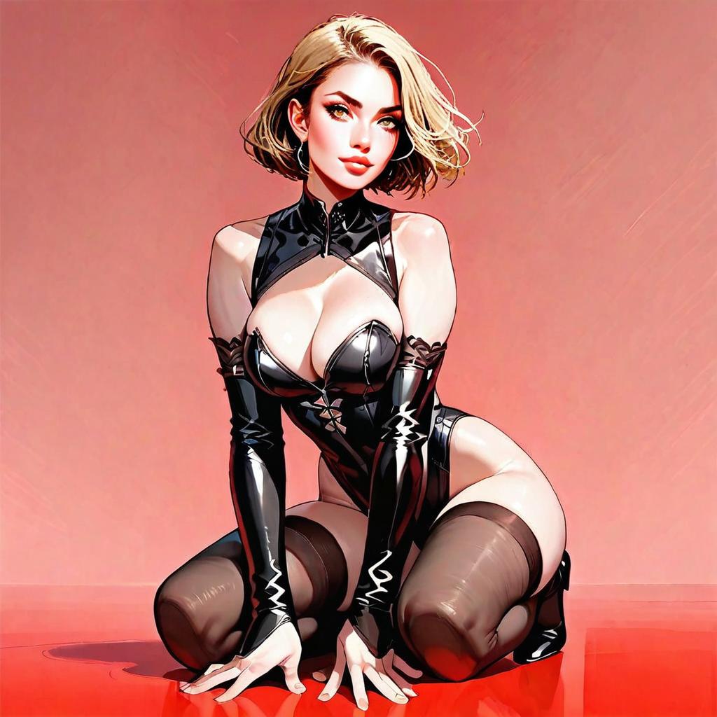 Confident Woman in Black Latex Outfit Digital Anime Style Illustration