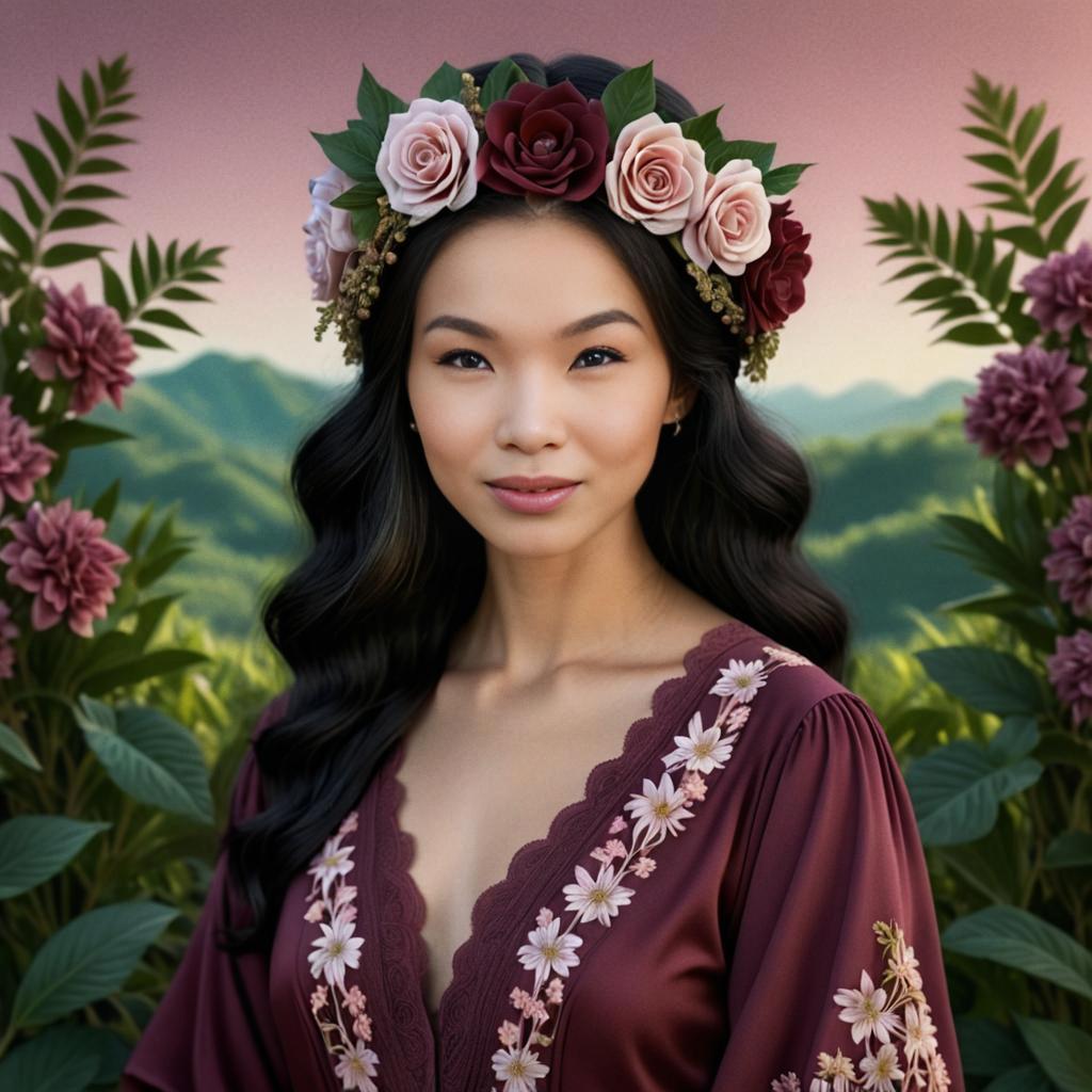 Woman with Floral Crown in Mountainous Setting