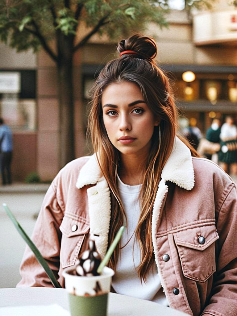 Thoughtful Young Woman in Pink Jacket at Cafe