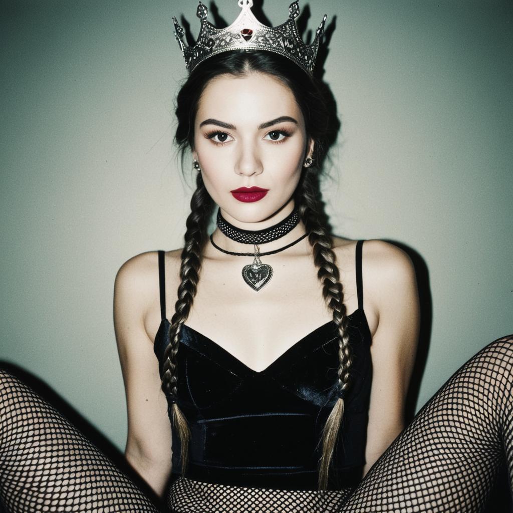 Edgy Fashion Portrait of Woman Wearing Crown and Black Velvet Top