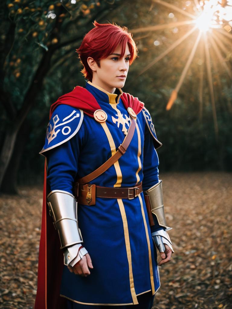 Realistic Man Cosplay Wearing Roy Fire Emblem Costume Outdoors