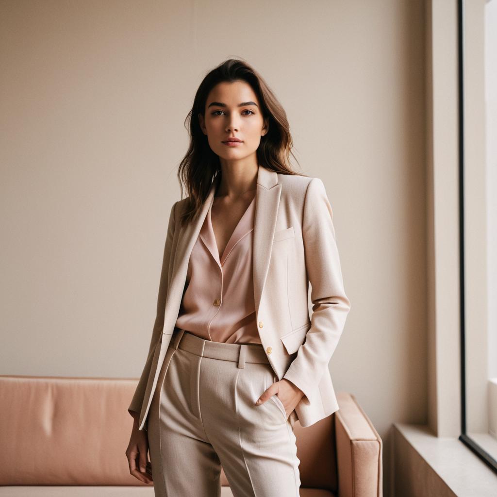 Confident Woman in Beige Suit with Pink Blouse Indoor Portrait
